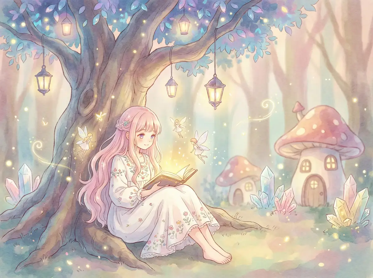 新十二生肖下载 - 魔法森林中阅读故事书的粉发少女与精灵